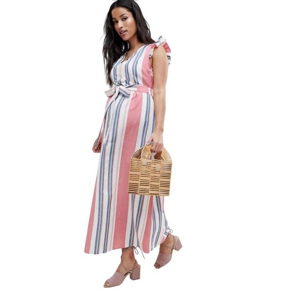 ASOS DESIGN Maternity Maxi Dress Womens Size 2 Tie Front Linen Stripe Cotton - Picture 2 of 15